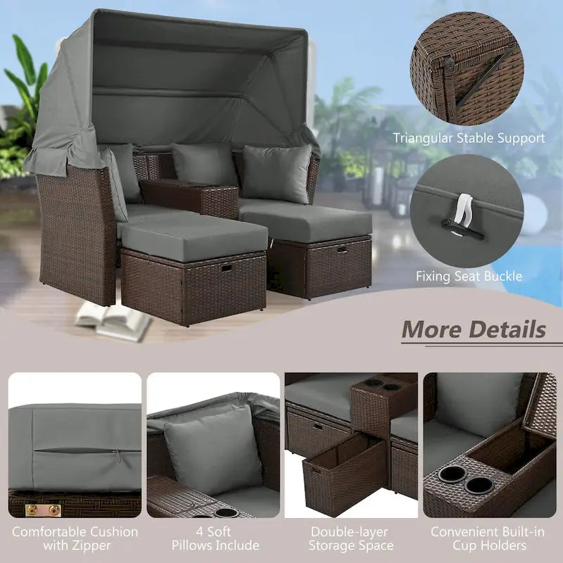 2-Seater Outdoor Patio Daybed Outdoor Double Daybed Outdoor Loveseat Sofa Set with Foldable Awning and Cushions for Garden