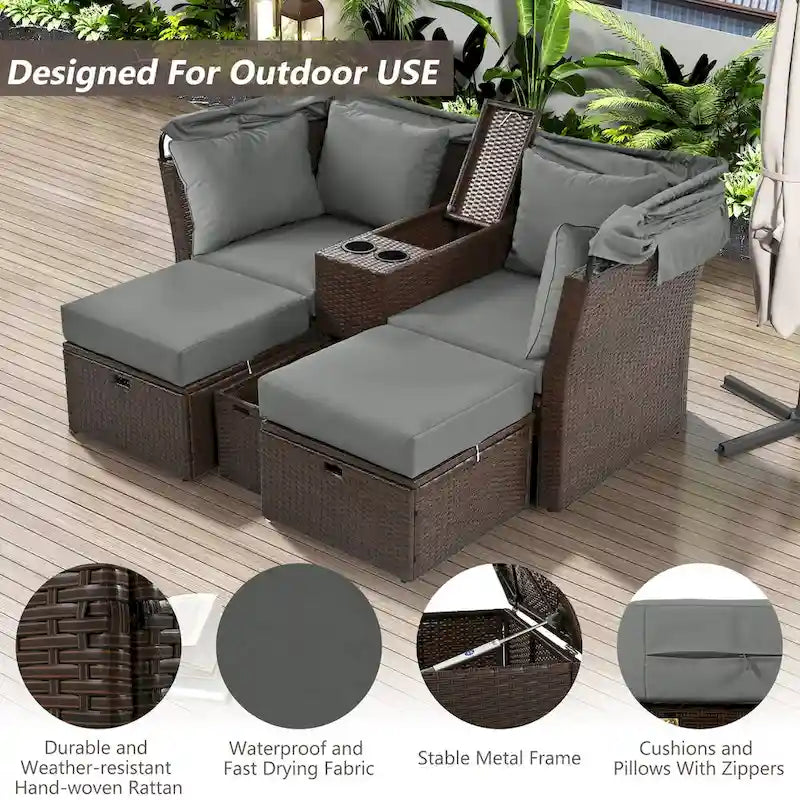 2-Seater Outdoor Patio Daybed Outdoor Double Daybed Outdoor Loveseat Sofa Set with Foldable Awning and Cushions for Garden