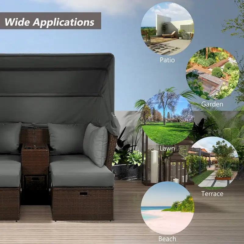 2-Seater Outdoor Patio Daybed Outdoor Double Daybed Outdoor Loveseat Sofa Set with Foldable Awning and Cushions for Garden