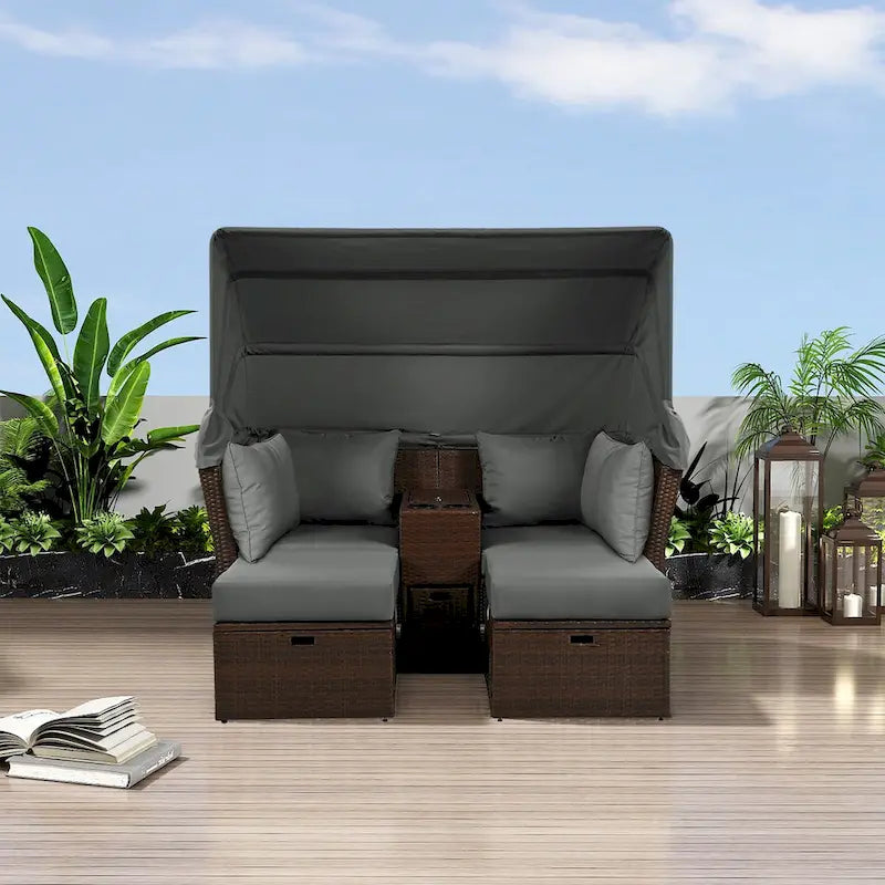 2-Seater Outdoor Patio Daybed Outdoor Double Daybed Outdoor Loveseat Sofa Set with Foldable Awning and Cushions for Garden