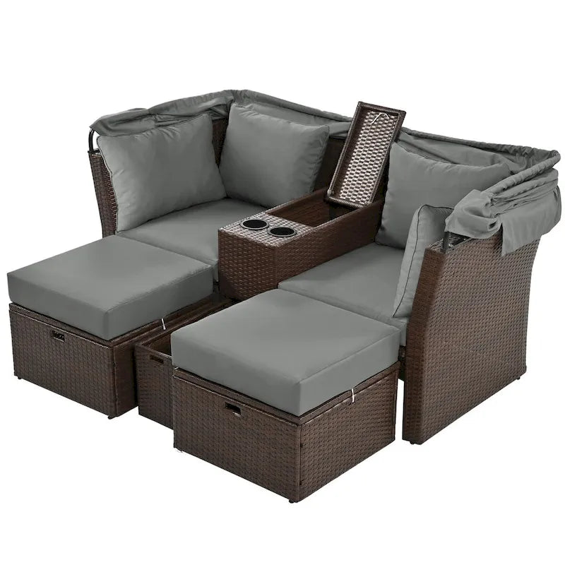 2-Seater Outdoor Patio Daybed Outdoor Double Daybed Outdoor Loveseat Sofa Set with Foldable Awning and Cushions for Garden