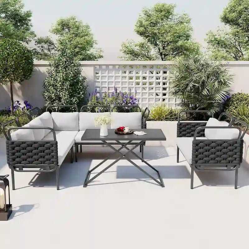 5-Piece Modern Patio Sectional Sofa Set Outdoor Woven Rope Furniture Set with Glass Table and Cushions