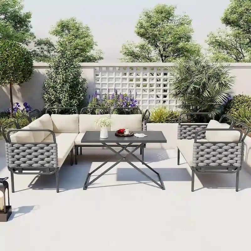 5-Piece Modern Patio Sectional Sofa Set Outdoor Woven Rope Furniture Set with Glass Table and Cushions
