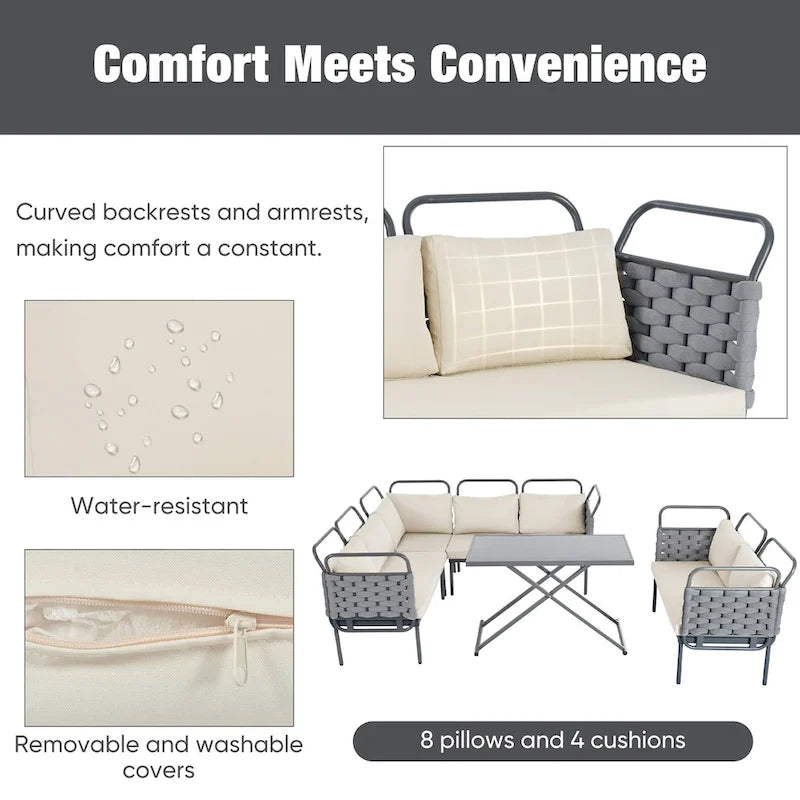 5-Piece Modern Patio Sectional Sofa Set Outdoor Woven Rope Furniture Set with Glass Table and Cushions