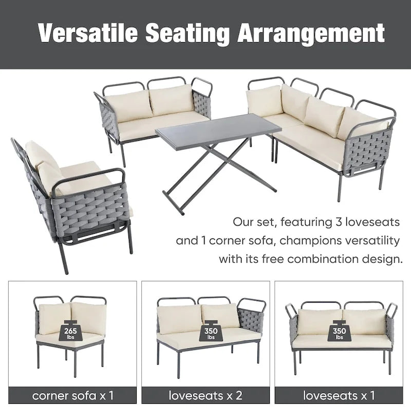 5-Piece Modern Patio Sectional Sofa Set Outdoor Woven Rope Furniture Set with Glass Table and Cushions