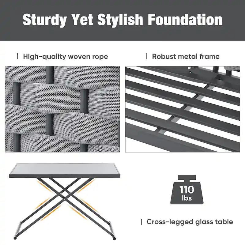 5-Piece Modern Patio Sectional Sofa Set Outdoor Woven Rope Furniture Set with Glass Table and Cushions