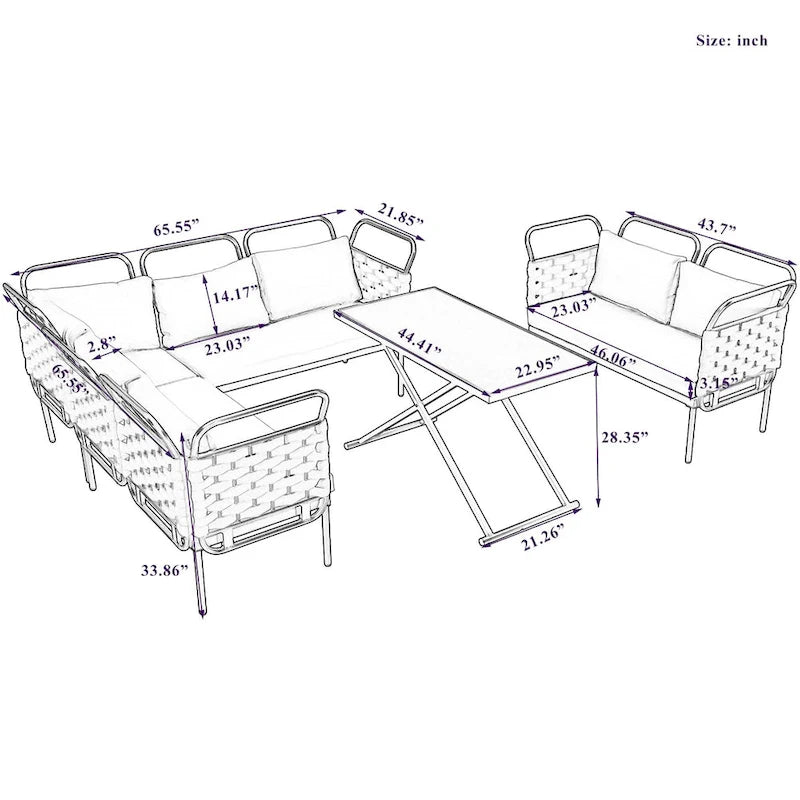 5-Piece Modern Patio Sectional Sofa Set Outdoor Woven Rope Furniture Set with Glass Table and Cushions