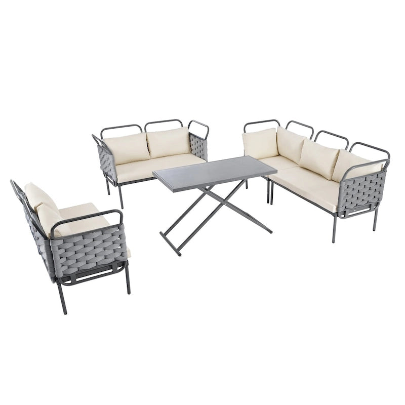 5-Piece Modern Patio Sectional Sofa Set Outdoor Woven Rope Furniture Set with Glass Table and Cushions