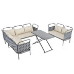 5-Piece Modern Patio Sectional Sofa Set Outdoor Woven Rope Furniture Set with Glass Table and Cushions