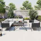 5-Piece Modern Patio Sectional Sofa Set Outdoor Woven Rope Furniture Set with Glass Table and Cushions