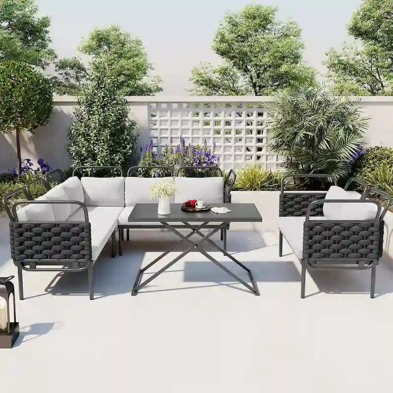 5-Piece Modern Patio Sectional Sofa Set Outdoor Woven Rope Furniture Set with Glass Table and Cushions
