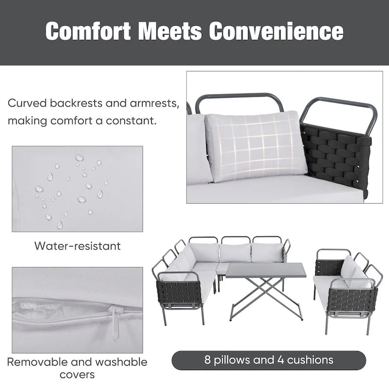 5-Piece Modern Patio Sectional Sofa Set Outdoor Woven Rope Furniture Set with Glass Table and Cushions