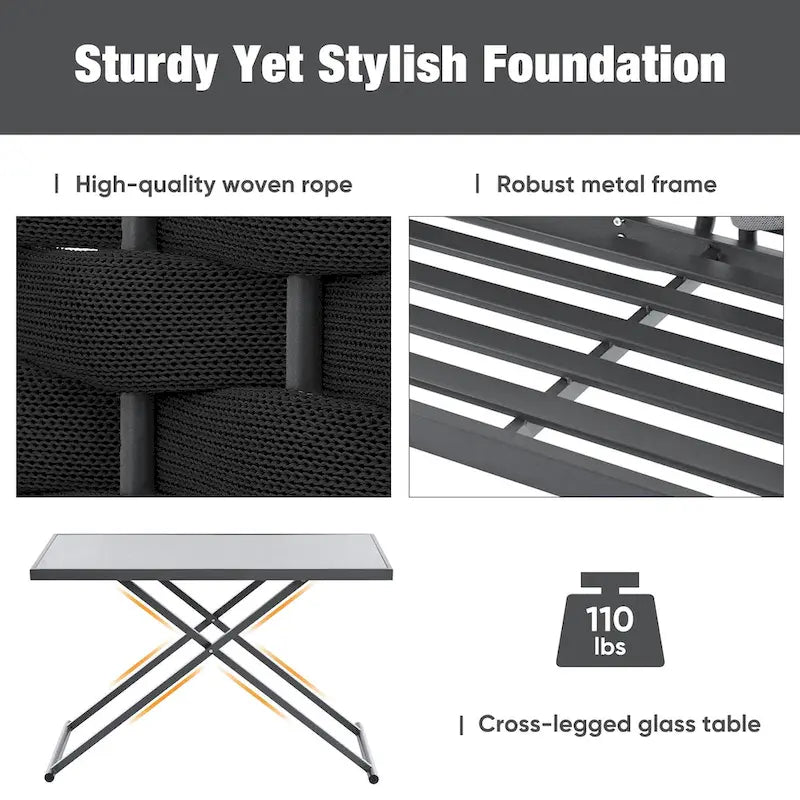 5-Piece Modern Patio Sectional Sofa Set Outdoor Woven Rope Furniture Set with Glass Table and Cushions