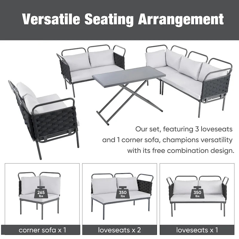 5-Piece Modern Patio Sectional Sofa Set Outdoor Woven Rope Furniture Set with Glass Table and Cushions