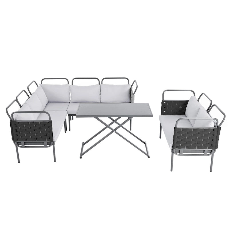 5-Piece Modern Patio Sectional Sofa Set Outdoor Woven Rope Furniture Set with Glass Table and Cushions