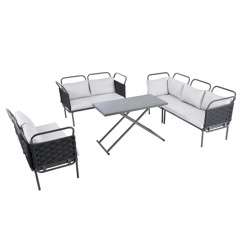 5-Piece Modern Patio Sectional Sofa Set Outdoor Woven Rope Furniture Set with Glass Table and Cushions
