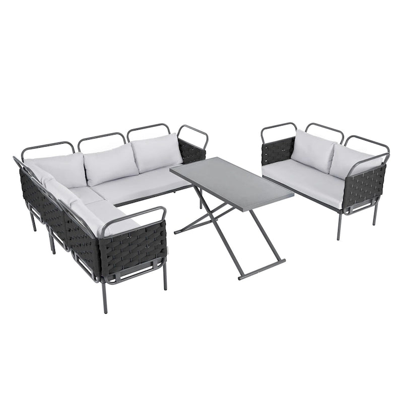 5-Piece Modern Patio Sectional Sofa Set Outdoor Woven Rope Furniture Set with Glass Table and Cushions