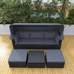 4-Piece Outdoor Wicker Sectional Patio Daybed with Canopy and Ottoman