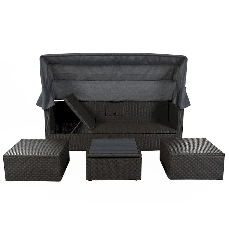4-Piece Outdoor Wicker Sectional Patio Daybed with Canopy and Ottoman