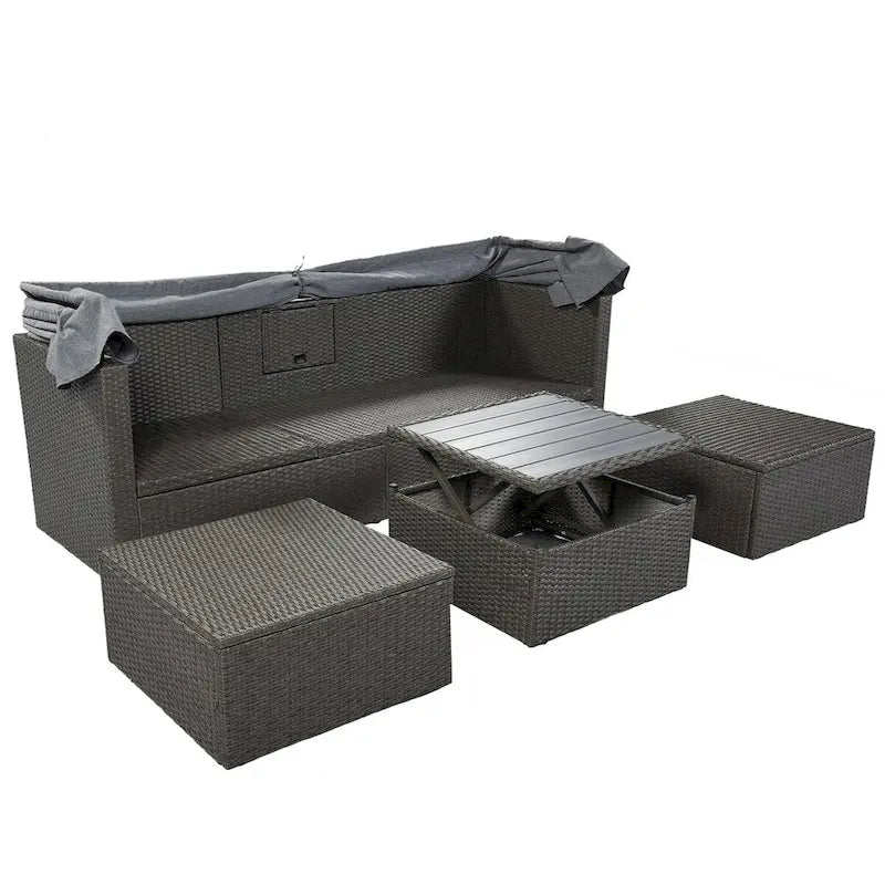 4-Piece Outdoor Wicker Sectional Patio Daybed with Canopy and Ottoman