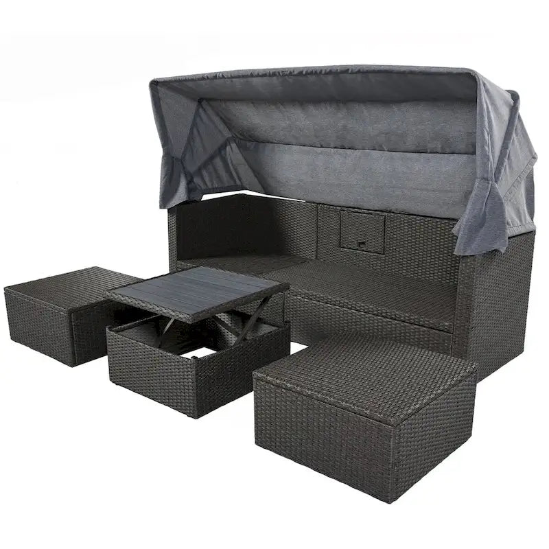 4-Piece Outdoor Wicker Sectional Patio Daybed with Canopy and Ottoman
