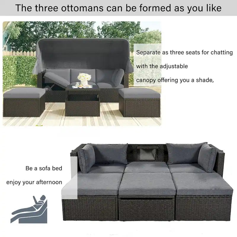4-Piece Outdoor Wicker Sectional Patio Daybed with Canopy and Ottoman