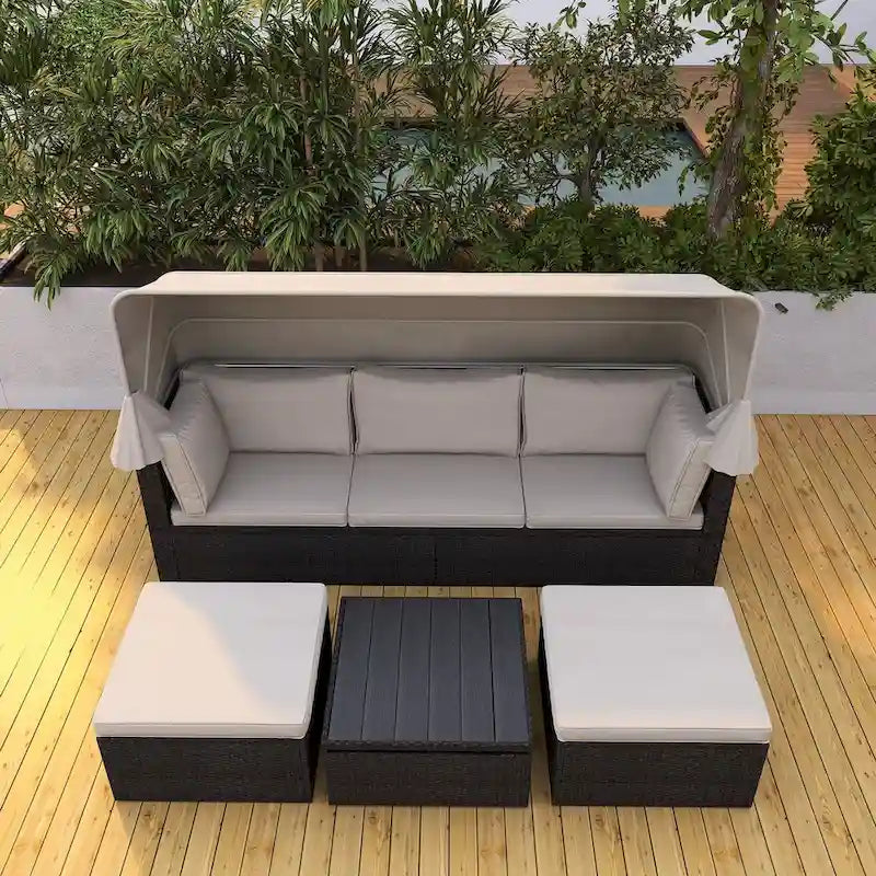 4-Piece Outdoor Wicker Sectional Patio Daybed with Canopy and Ottoman