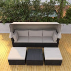 4-Piece Outdoor Wicker Sectional Patio Daybed with Canopy and Ottoman
