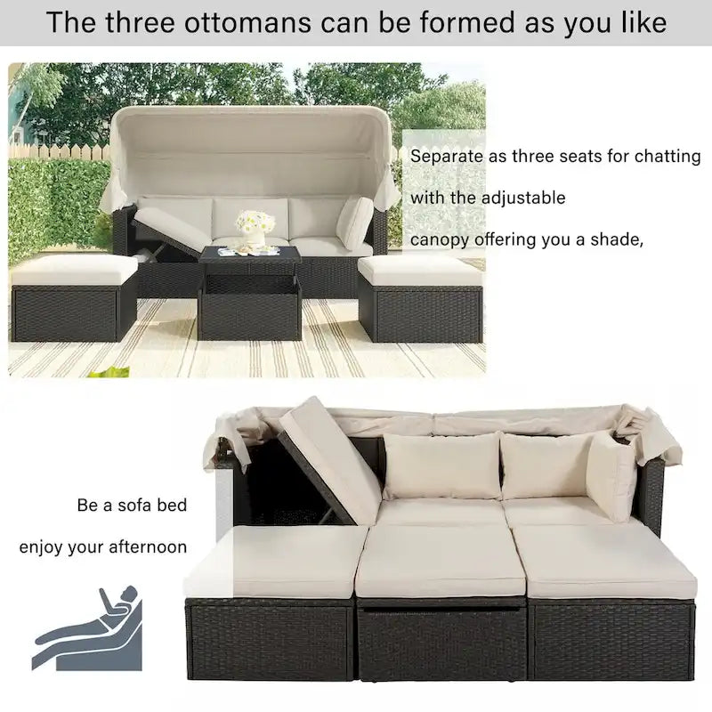 4-Piece Outdoor Wicker Sectional Patio Daybed with Canopy and Ottoman