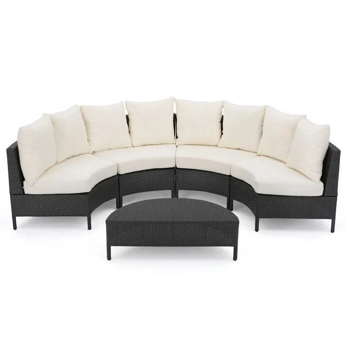 Modern Half-Circle Outdoor Lounge Set: Grey Rattan, White Cushions