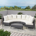 Modern Half-Circle Outdoor Lounge Set: Grey Rattan, White Cushions