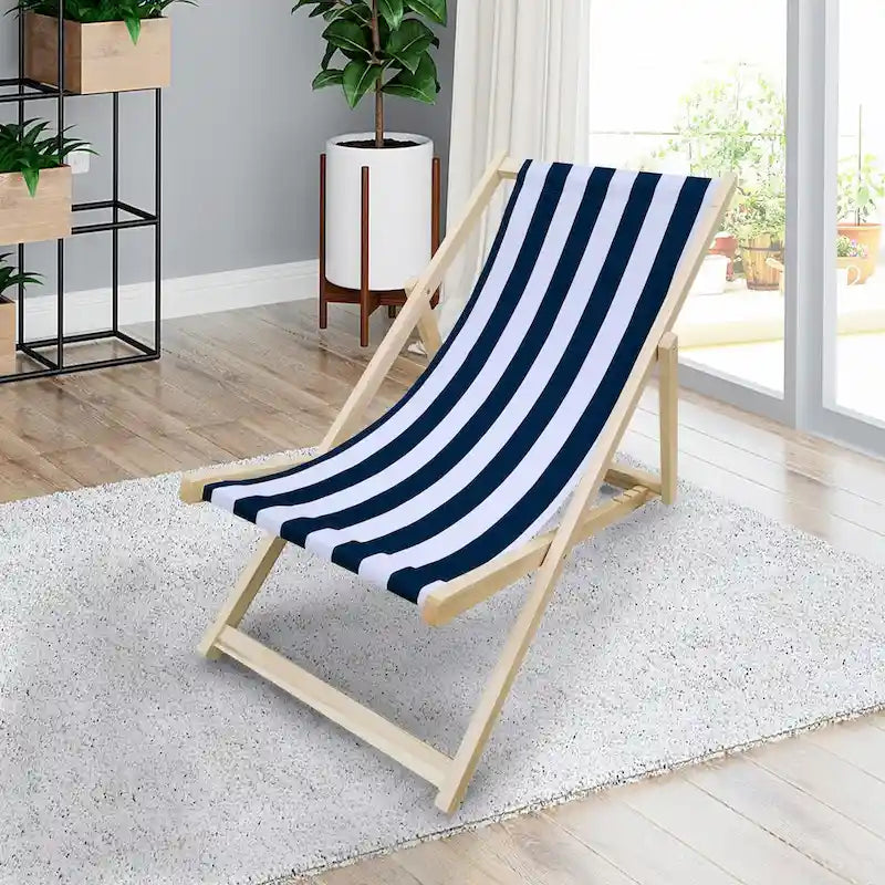 Stylish and Convenient Outdoor Sling Chair with Adjustable Back - Dark Blue/Natural, Made of Populus Wood