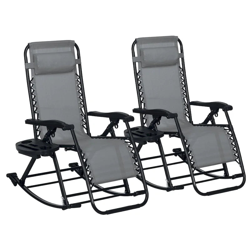 2 Pieces Outdoor Rocking Chairs, Foldable Reclining Zero Gravity Lounge Rocker with Pillow, Cup & Phone Holder,