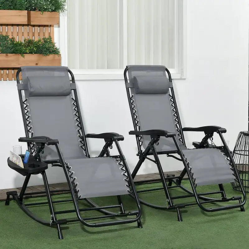 2 Pieces Outdoor Rocking Chairs, Foldable Reclining Zero Gravity Lounge Rocker with Pillow, Cup & Phone Holder,