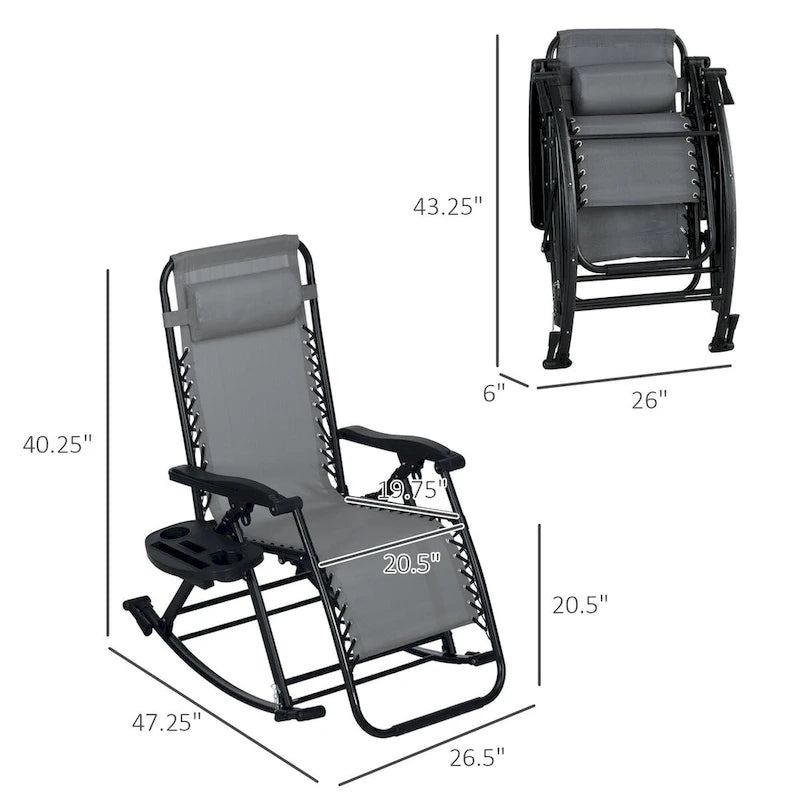 2 Pieces Outdoor Rocking Chairs, Foldable Reclining Zero Gravity Lounge Rocker with Pillow, Cup & Phone Holder,