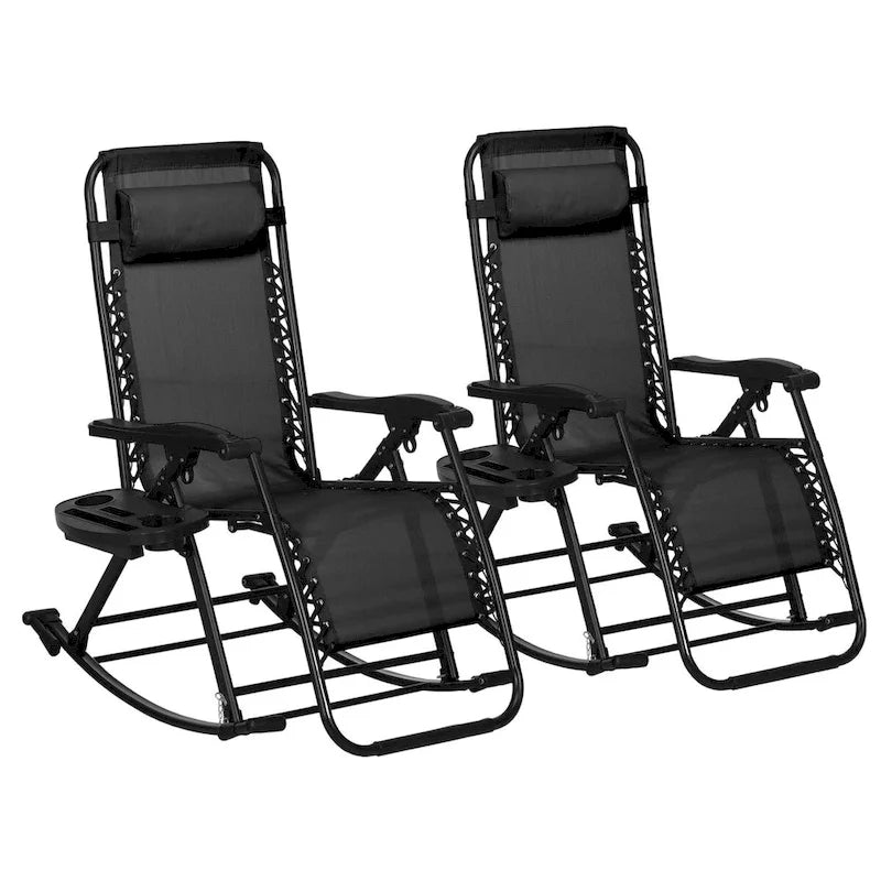 2 Pieces Outdoor Rocking Chairs, Foldable Reclining Zero Gravity Lounge Rocker with Pillow, Cup & Phone Holder,