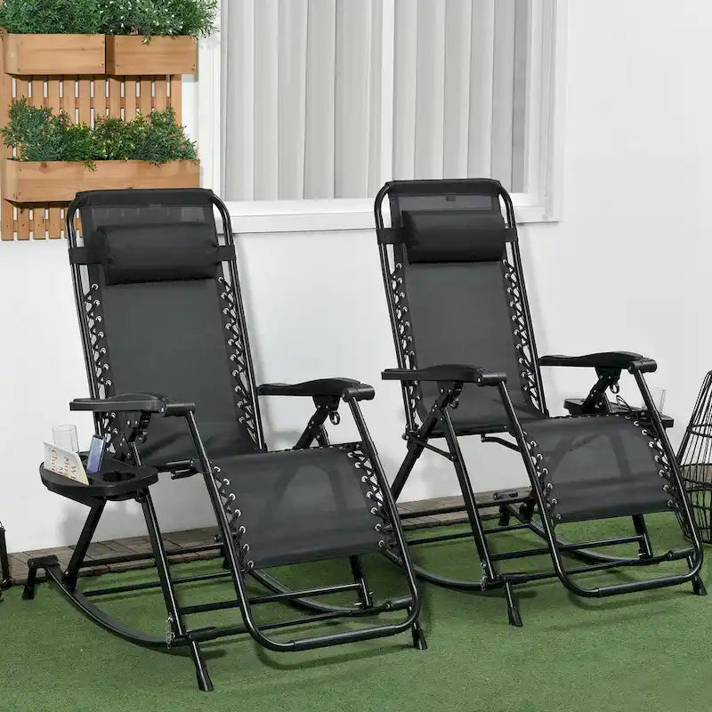 2 Pieces Outdoor Rocking Chairs, Foldable Reclining Zero Gravity Lounge Rocker with Pillow, Cup & Phone Holder,