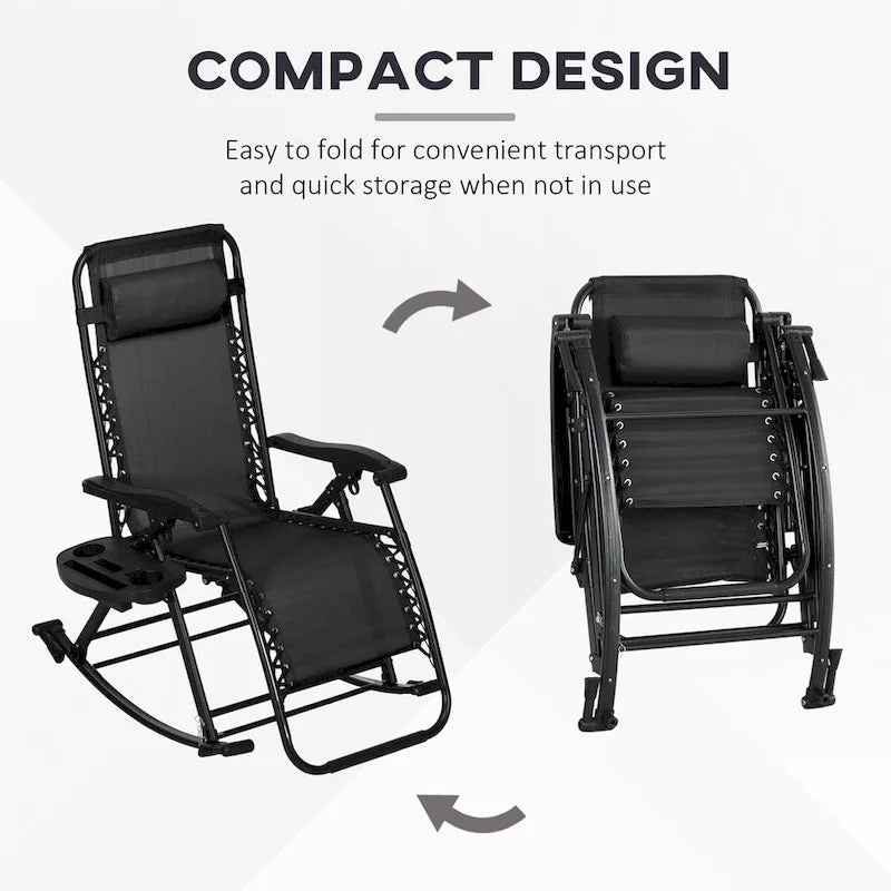 2 Pieces Outdoor Rocking Chairs, Foldable Reclining Zero Gravity Lounge Rocker with Pillow, Cup & Phone Holder,