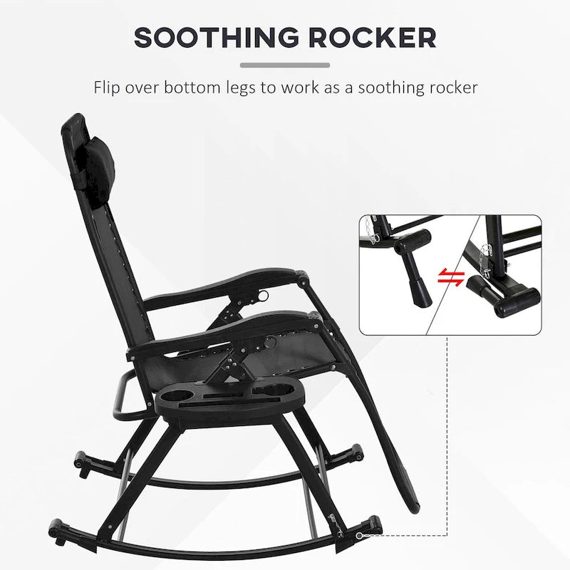 2 Pieces Outdoor Rocking Chairs, Foldable Reclining Zero Gravity Lounge Rocker with Pillow, Cup & Phone Holder,