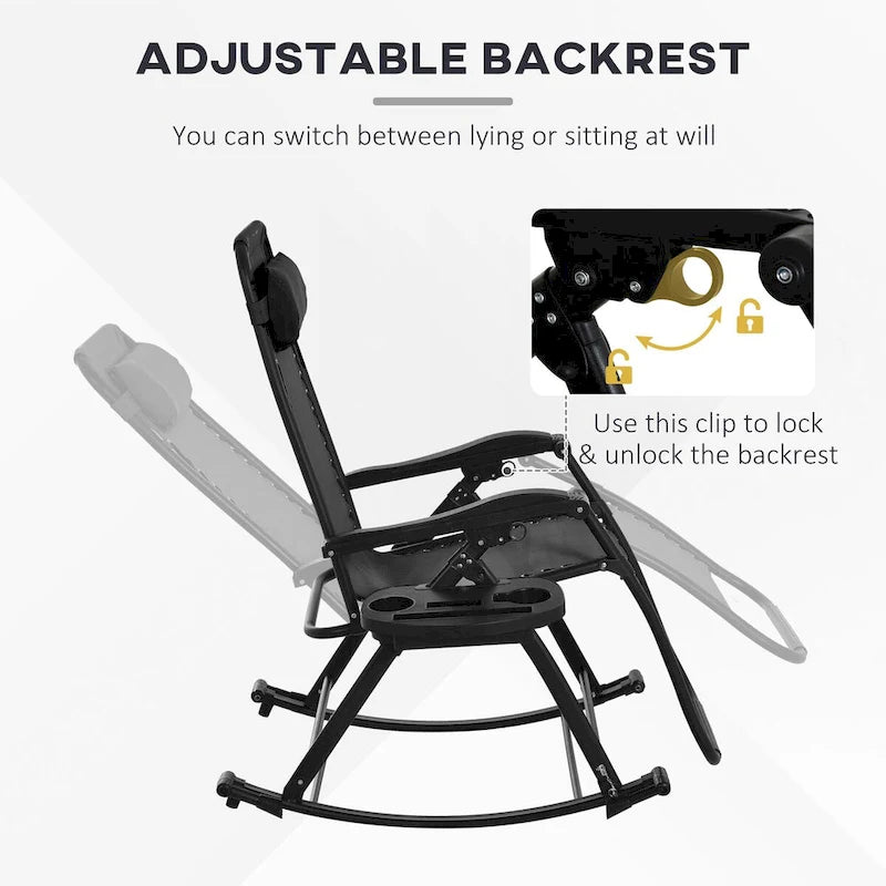 2 Pieces Outdoor Rocking Chairs, Foldable Reclining Zero Gravity Lounge Rocker with Pillow, Cup & Phone Holder,