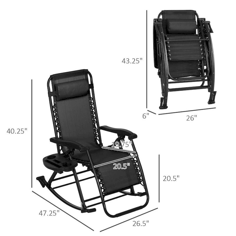2 Pieces Outdoor Rocking Chairs, Foldable Reclining Zero Gravity Lounge Rocker with Pillow, Cup & Phone Holder,