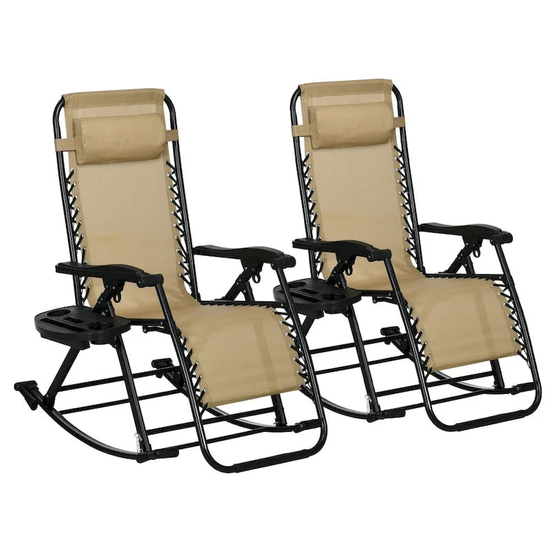2 Pieces Outdoor Rocking Chairs, Foldable Reclining Zero Gravity Lounge Rocker with Pillow, Cup & Phone Holder,
