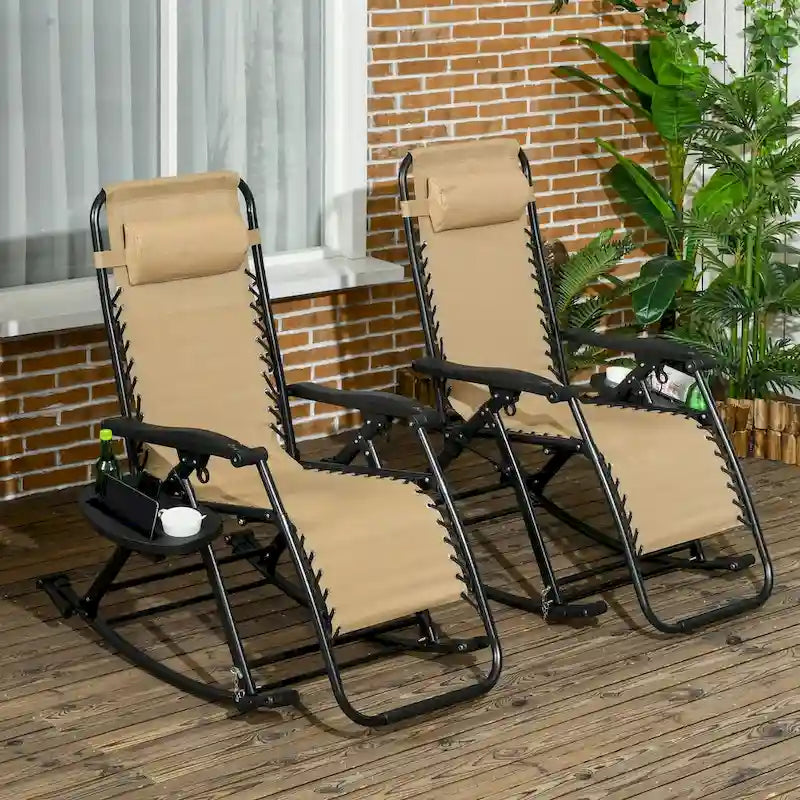 2 Pieces Outdoor Rocking Chairs, Foldable Reclining Zero Gravity Lounge Rocker with Pillow, Cup & Phone Holder,