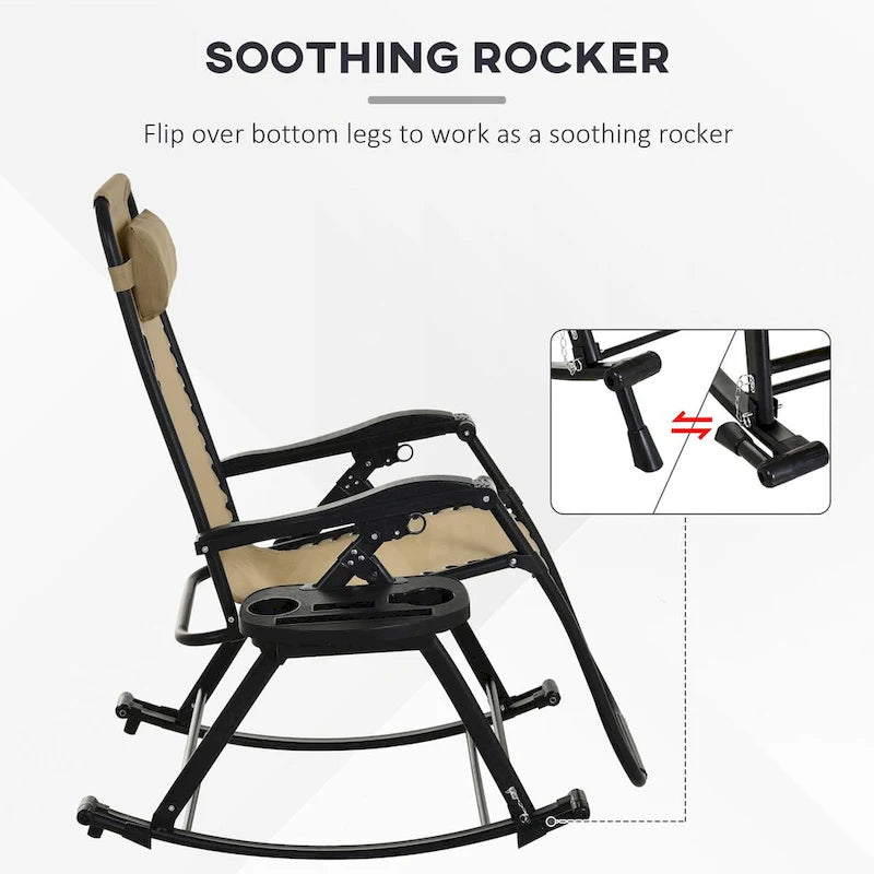 2 Pieces Outdoor Rocking Chairs, Foldable Reclining Zero Gravity Lounge Rocker with Pillow, Cup & Phone Holder,