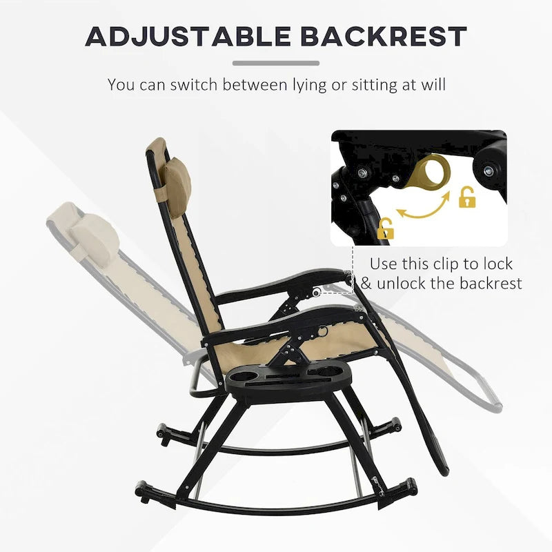 2 Pieces Outdoor Rocking Chairs, Foldable Reclining Zero Gravity Lounge Rocker with Pillow, Cup & Phone Holder,