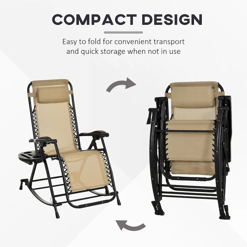 2 Pieces Outdoor Rocking Chairs, Foldable Reclining Zero Gravity Lounge Rocker with Pillow, Cup & Phone Holder,