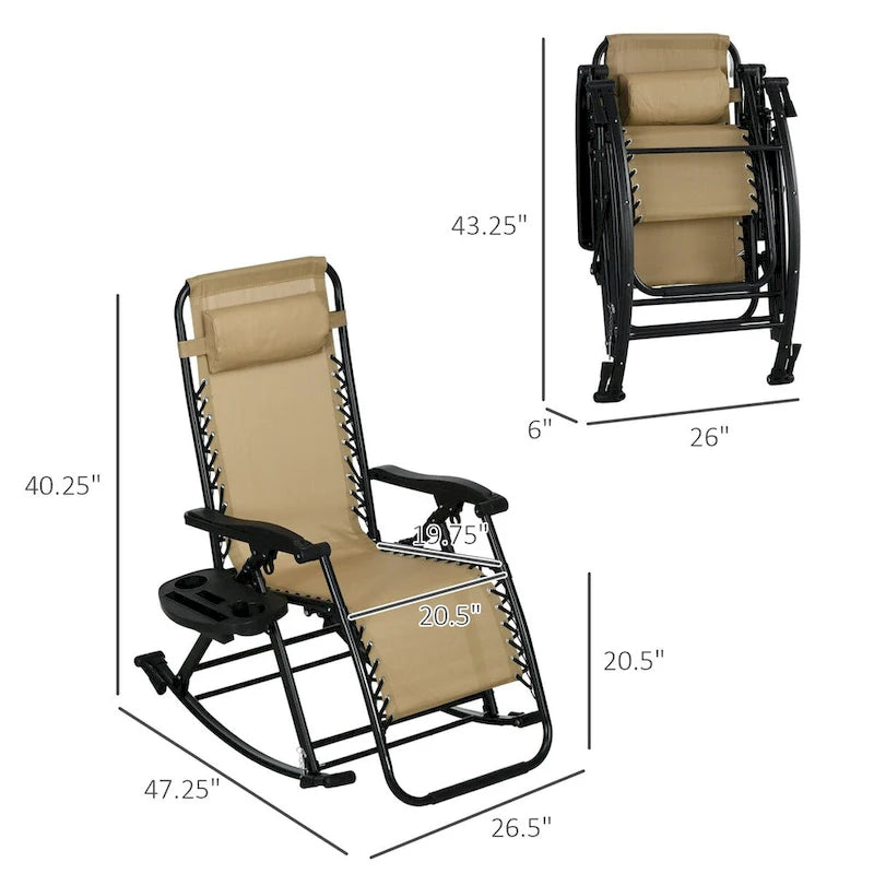 2 Pieces Outdoor Rocking Chairs, Foldable Reclining Zero Gravity Lounge Rocker with Pillow, Cup & Phone Holder,