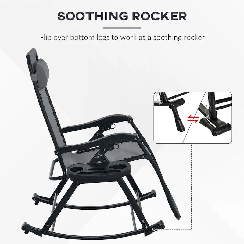 2 Pieces Outdoor Rocking Chairs, Foldable Reclining Zero Gravity Lounge Rocker with Pillow, Cup & Phone Holder,