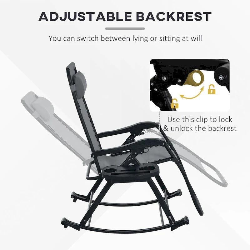 2 Pieces Outdoor Rocking Chairs, Foldable Reclining Zero Gravity Lounge Rocker with Pillow, Cup & Phone Holder,