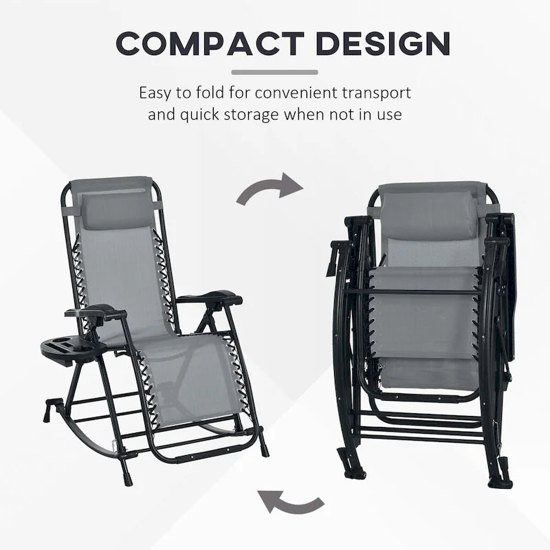 2 Pieces Outdoor Rocking Chairs, Foldable Reclining Zero Gravity Lounge Rocker with Pillow, Cup & Phone Holder,